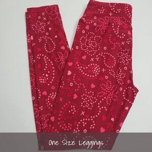 LuLaRoe OS Valentines Leggings Hearts Paisley Pink Red NEW